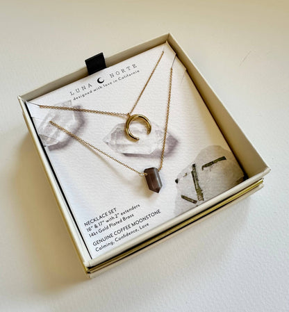 Coffee Moonstone & Crescent Moon Necklace Set