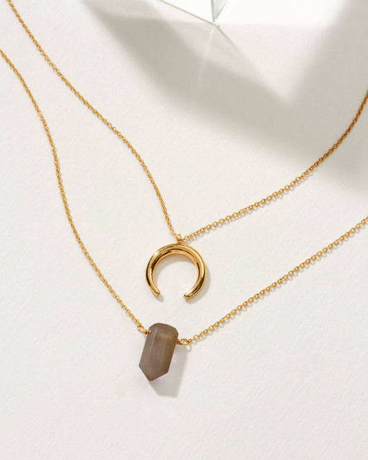 Coffee Moonstone & Crescent Moon Necklace Set